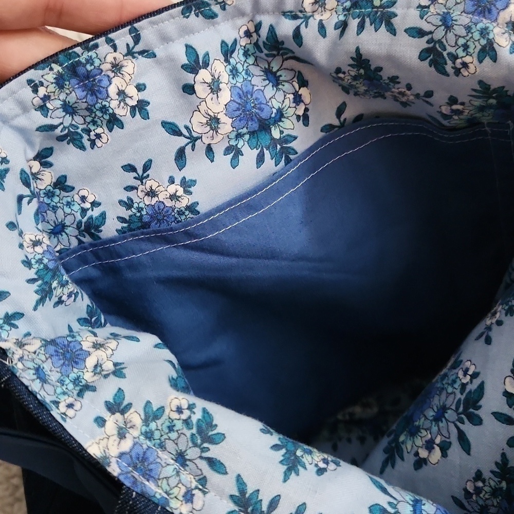 Double sided Handmade Denim Tote Spring Floral Pocket and Blue Bow Bird Artsy - Picture 8 of 10
